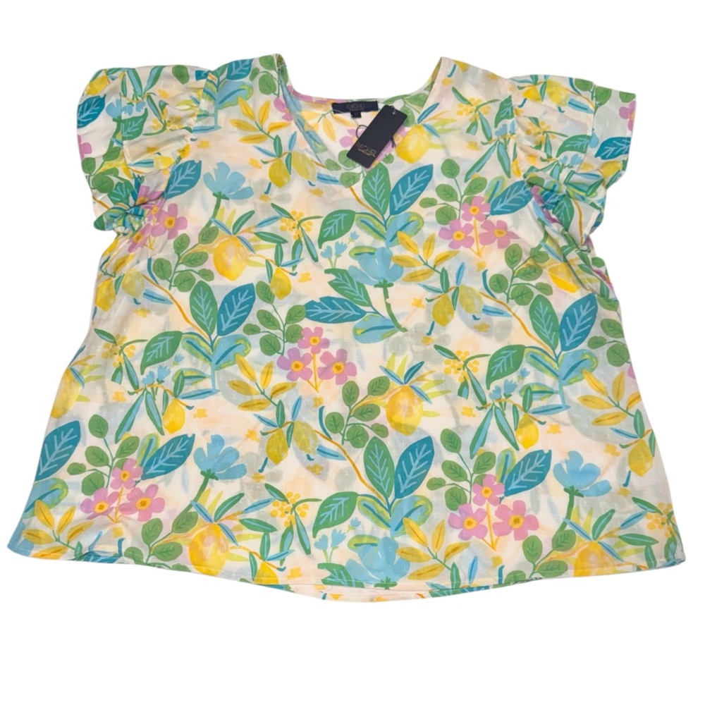 RACHEL Colorful Vibrant Floral Double Ruffle Short Sleeve Blouse NWT 2X